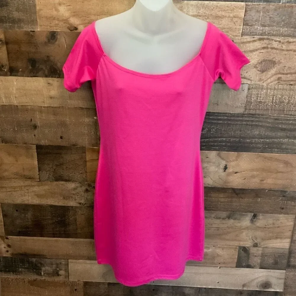 Doublju Womens Pink Short Sleeve Scoop Neck Bodycon Mini Dress Size 1X
